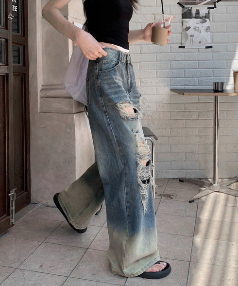 ダメージデニムパンツヴィンテージジーンズ レディース ハイウエストワイドパンツ ゆったり レトロ風ジーパン 韓国風ウォッシュデニム 着やせ色落ちジーンズ 美脚脚長 86LYDNA-001