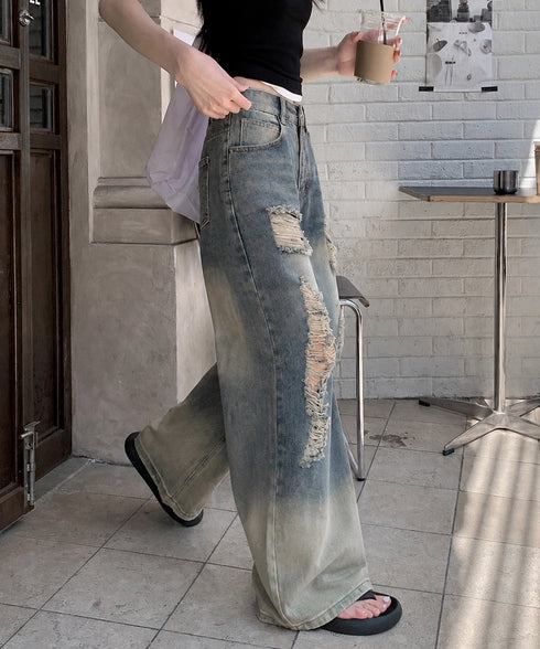 ダメージデニムパンツヴィンテージジーンズ レディース ハイウエストワイドパンツ ゆったり レトロ風ジーパン 韓国風ウォッシュデニム 着やせ色落ちジーンズ 美脚脚長 86LYDNA-001
