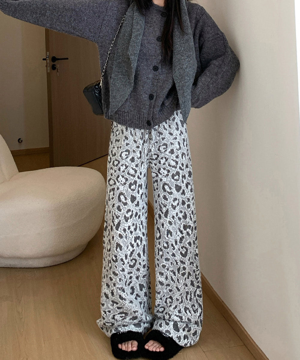 レオパード柄裏起毛ワイドイージーパンツ冬