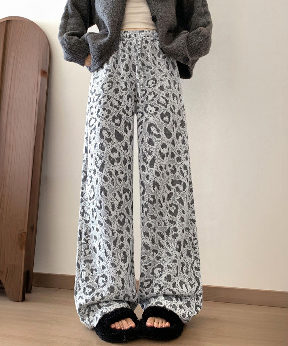 レオパード柄裏起毛ワイドイージーパンツ冬