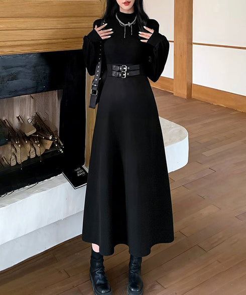 ベルト飾りロングワンピースウエストマーク プチハイネック Aラインワンピース 大人可愛い ハイウエストフレアワンピース長袖 体型カバー 着やせワンピース黒 韓国風 86LYISIKE-001