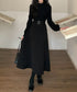 ベルト飾りロングワンピースウエストマーク プチハイネック Aラインワンピース 大人可愛い ハイウエストフレアワンピース長袖 体型カバー 着やせワンピース黒 韓国風 86LYISIKE-001