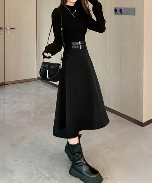 ベルト飾りロングワンピースウエストマーク プチハイネック Aラインワンピース 大人可愛い ハイウエストフレアワンピース長袖 体型カバー 着やせワンピース黒 韓国風 86LYISIKE-001