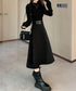 ベルト飾りロングワンピースウエストマーク プチハイネック Aラインワンピース 大人可愛い ハイウエストフレアワンピース長袖 体型カバー 着やせワンピース黒 韓国風 86LYISIKE-001