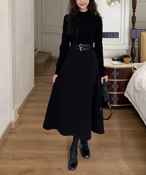 ベルト飾りロングワンピースウエストマーク プチハイネック Aラインワンピース 大人可愛い ハイウエストフレアワンピース長袖 体型カバー 着やせワンピース黒 韓国風 86LYISIKE-001