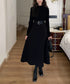 ベルト飾りロングワンピースウエストマーク プチハイネック Aラインワンピース 大人可愛い ハイウエストフレアワンピース長袖 体型カバー 着やせワンピース黒 韓国風 86LYISIKE-001