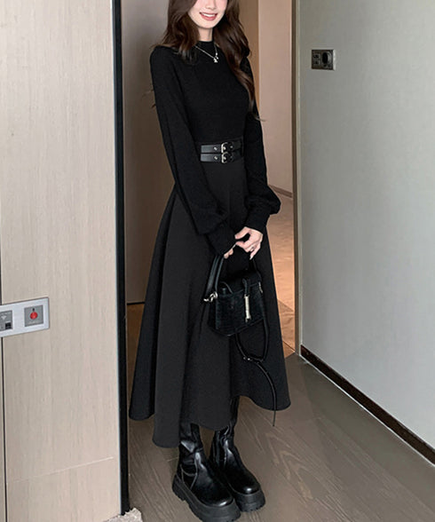 ベルト飾りロングワンピースウエストマーク プチハイネック Aラインワンピース 大人可愛い ハイウエストフレアワンピース長袖 体型カバー 着やせワンピース黒 韓国風 86LYISIKE-001