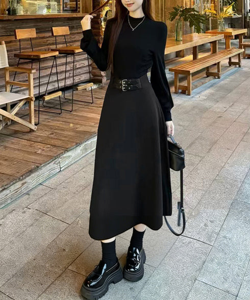 ベルト飾りロングワンピースウエストマーク プチハイネック Aラインワンピース 大人可愛い ハイウエストフレアワンピース長袖 体型カバー 着やせワンピース黒 韓国風 86LYISIKE-001