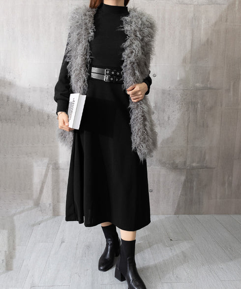 ベルト飾りロングワンピースウエストマーク プチハイネック Aラインワンピース 大人可愛い ハイウエストフレアワンピース長袖 体型カバー 着やせワンピース黒 韓国風 86LYISIKE-001