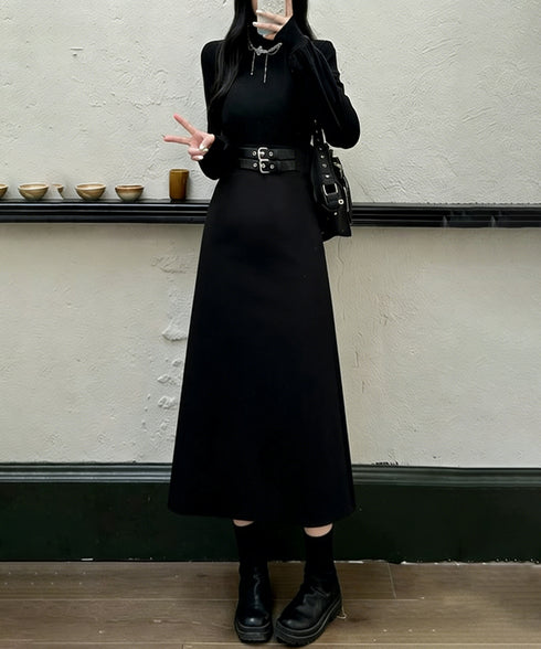 ベルト飾りロングワンピースウエストマーク プチハイネック Aラインワンピース 大人可愛い ハイウエストフレアワンピース長袖 体型カバー 着やせワンピース黒 韓国風 86LYISIKE-001