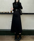 ベルト飾りロングワンピースウエストマーク プチハイネック Aラインワンピース 大人可愛い ハイウエストフレアワンピース長袖 体型カバー 着やせワンピース黒 韓国風 86LYISIKE-001