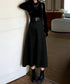 ベルト飾りロングワンピースウエストマーク プチハイネック Aラインワンピース 大人可愛い ハイウエストフレアワンピース長袖 体型カバー 着やせワンピース黒 韓国風 86LYISIKE-001