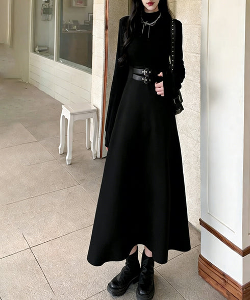 ベルト飾りロングワンピースウエストマーク プチハイネック Aラインワンピース 大人可愛い ハイウエストフレアワンピース長袖 体型カバー 着やせワンピース黒 韓国風 86LYISIKE-001