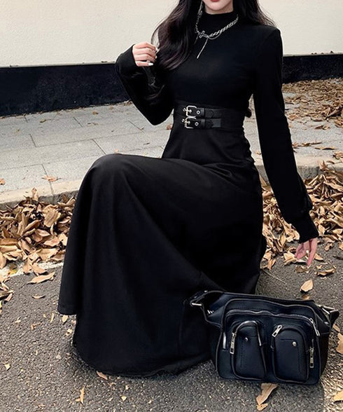 ベルト飾りロングワンピースウエストマーク プチハイネック Aラインワンピース 大人可愛い ハイウエストフレアワンピース長袖 体型カバー 着やせワンピース黒 韓国風 86LYISIKE-001