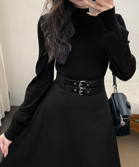 ベルト飾りロングワンピースウエストマーク プチハイネック Aラインワンピース 大人可愛い ハイウエストフレアワンピース長袖 体型カバー 着やせワンピース黒 韓国風 86LYISIKE-001