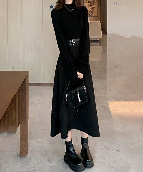 ベルト飾りロングワンピースウエストマーク プチハイネック Aラインワンピース 大人可愛い ハイウエストフレアワンピース長袖 体型カバー 着やせワンピース黒 韓国風 86LYISIKE-001