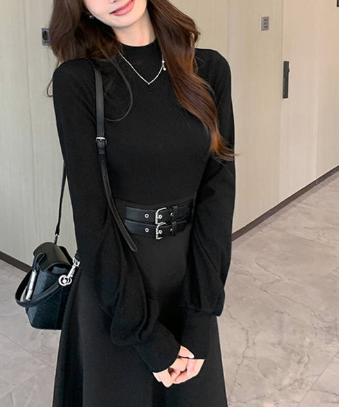 ベルト飾りロングワンピースウエストマーク プチハイネック Aラインワンピース 大人可愛い ハイウエストフレアワンピース長袖 体型カバー 着やせワンピース黒 韓国風 86LYISIKE-001