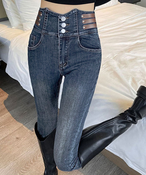 ベルトデザイン スキニーデニムパンツ美脚 ハイウエストデニムパンツ 3ボタンジーンズ レディース ストレッチジーパン ヴィンテージ カジュアル美脚脚長ボトムスリム 86LYSHANG-001