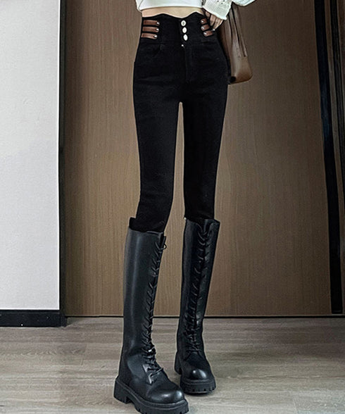 ベルトデザイン スキニーデニムパンツ美脚 ハイウエストデニムパンツ 3ボタンジーンズ レディース ストレッチジーパン ヴィンテージ カジュアル美脚脚長ボトムスリム 86LYSHANG-001