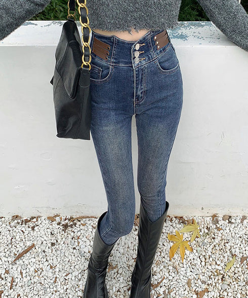 ベルトデザイン スキニーデニムパンツ美脚 ハイウエストデニムパンツ 3ボタンジーンズ レディース ストレッチジーパン ヴィンテージ カジュアル美脚脚長ボトムスリム 86LYSHANG-001