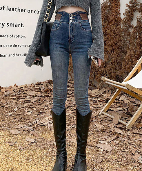 ベルトデザイン スキニーデニムパンツ美脚 ハイウエストデニムパンツ 3ボタンジーンズ レディース ストレッチジーパン ヴィンテージ カジュアル美脚脚長ボトムスリム 86LYSHANG-001