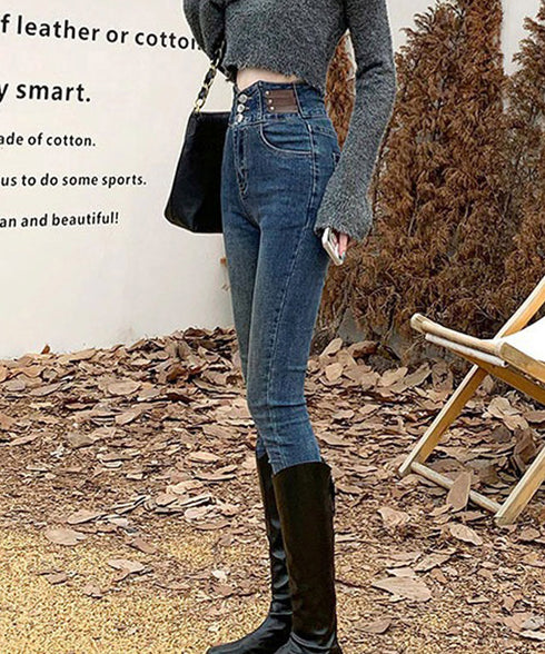ベルトデザイン スキニーデニムパンツ美脚 ハイウエストデニムパンツ 3ボタンジーンズ レディース ストレッチジーパン ヴィンテージ カジュアル美脚脚長ボトムスリム 86LYSHANG-001