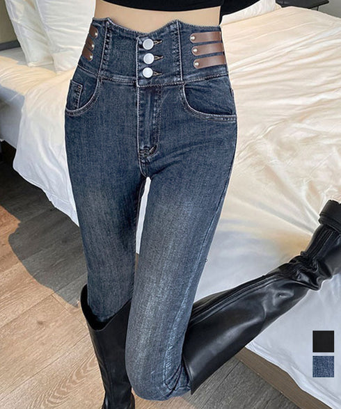 ベルトデザイン スキニーデニムパンツ美脚 ハイウエストデニムパンツ 3ボタンジーンズ レディース ストレッチジーパン ヴィンテージ カジュアル美脚脚長ボトムスリム 86LYSHANG-001
