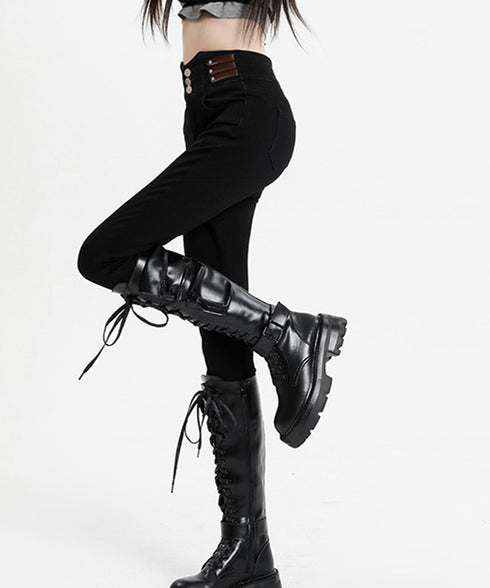 ベルトデザイン スキニーデニムパンツ美脚 ハイウエストデニムパンツ 3ボタンジーンズ レディース ストレッチジーパン ヴィンテージ カジュアル美脚脚長ボトムスリム 86LYSHANG-001