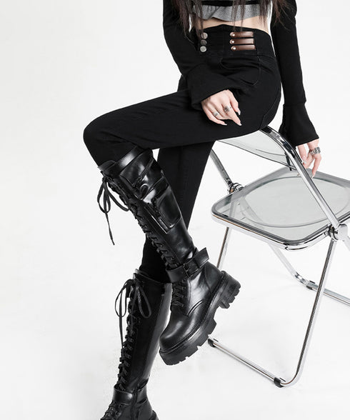 ベルトデザイン スキニーデニムパンツ美脚 ハイウエストデニムパンツ 3ボタンジーンズ レディース ストレッチジーパン ヴィンテージ カジュアル美脚脚長ボトムスリム 86LYSHANG-001