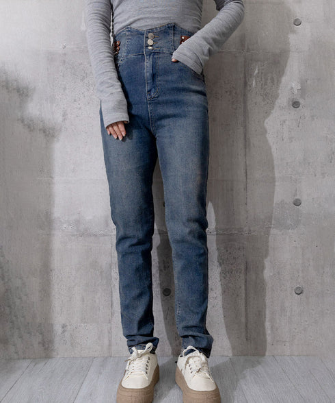 ベルトデザイン スキニーデニムパンツ美脚 ハイウエストデニムパンツ 3ボタンジーンズ レディース ストレッチジーパン ヴィンテージ カジュアル美脚脚長ボトムスリム 86LYSHANG-001