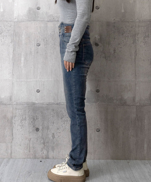 ベルトデザイン スキニーデニムパンツ美脚 ハイウエストデニムパンツ 3ボタンジーンズ レディース ストレッチジーパン ヴィンテージ カジュアル美脚脚長ボトムスリム 86LYSHANG-001