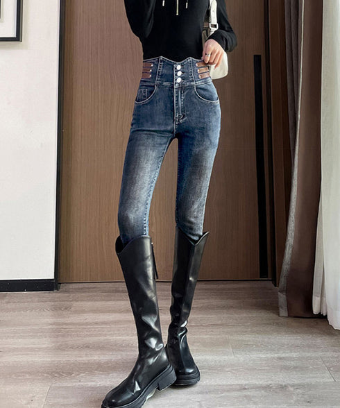 ベルトデザイン スキニーデニムパンツ美脚 ハイウエストデニムパンツ 3ボタンジーンズ レディース ストレッチジーパン ヴィンテージ カジュアル美脚脚長ボトムスリム 86LYSHANG-001