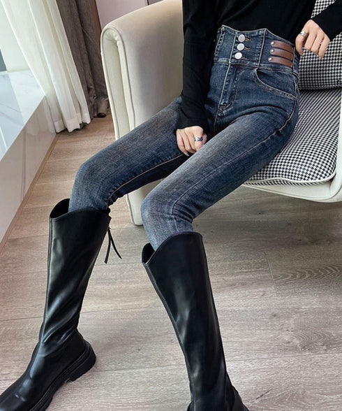 ベルトデザイン スキニーデニムパンツ美脚 ハイウエストデニムパンツ 3ボタンジーンズ レディース ストレッチジーパン ヴィンテージ カジュアル美脚脚長ボトムスリム 86LYSHANG-001