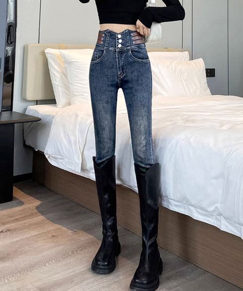 ベルトデザイン スキニーデニムパンツ美脚 ハイウエストデニムパンツ 3ボタンジーンズ レディース ストレッチジーパン ヴィンテージ カジュアル美脚脚長ボトムスリム 86LYSHANG-001