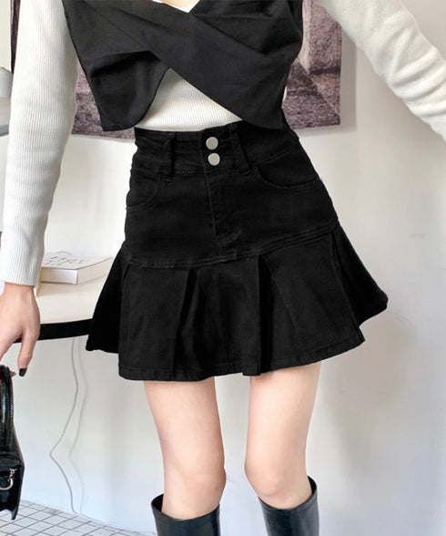 プリーツデニムスカート韓国風ミニスカート レディースハイウエストフレアスカート 美尻美脚Aラインスカートインナーパンツ付きショートスカートレトロ台形スカート着やせ 86LYSHANG-002