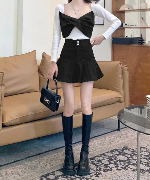プリーツデニムスカート韓国風ミニスカート レディースハイウエストフレアスカート 美尻美脚Aラインスカートインナーパンツ付きショートスカートレトロ台形スカート着やせ 86LYSHANG-002