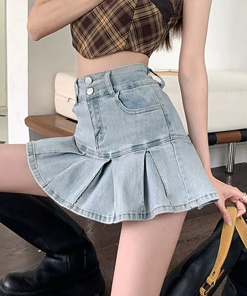 プリーツデニムスカート韓国風ミニスカート レディースハイウエストフレアスカート 美尻美脚Aラインスカートインナーパンツ付きショートスカートレトロ台形スカート着やせ 86LYSHANG-002