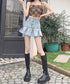 プリーツデニムスカート韓国風ミニスカート レディースハイウエストフレアスカート 美尻美脚Aラインスカートインナーパンツ付きショートスカートレトロ台形スカート着やせ 86LYSHANG-002