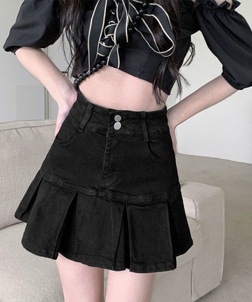 プリーツデニムスカート韓国風ミニスカート レディースハイウエストフレアスカート 美尻美脚Aラインスカートインナーパンツ付きショートスカートレトロ台形スカート着やせ 86LYSHANG-002