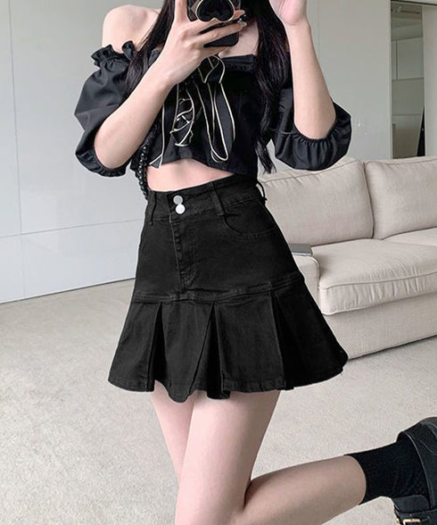 プリーツデニムスカート韓国風ミニスカート レディースハイウエストフレアスカート 美尻美脚Aラインスカートインナーパンツ付きショートスカートレトロ台形スカート着やせ 86LYSHANG-002