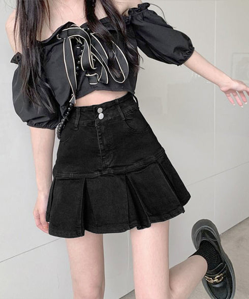プリーツデニムスカート韓国風ミニスカート レディースハイウエストフレアスカート 美尻美脚Aラインスカートインナーパンツ付きショートスカートレトロ台形スカート着やせ 86LYSHANG-002