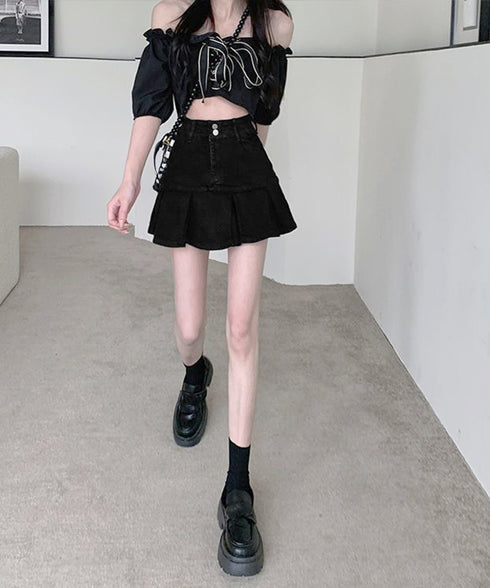 プリーツデニムスカート韓国風ミニスカート レディースハイウエストフレアスカート 美尻美脚Aラインスカートインナーパンツ付きショートスカートレトロ台形スカート着やせ 86LYSHANG-002