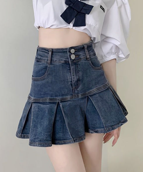 プリーツデニムスカート韓国風ミニスカート レディースハイウエストフレアスカート 美尻美脚Aラインスカートインナーパンツ付きショートスカートレトロ台形スカート着やせ 86LYSHANG-002