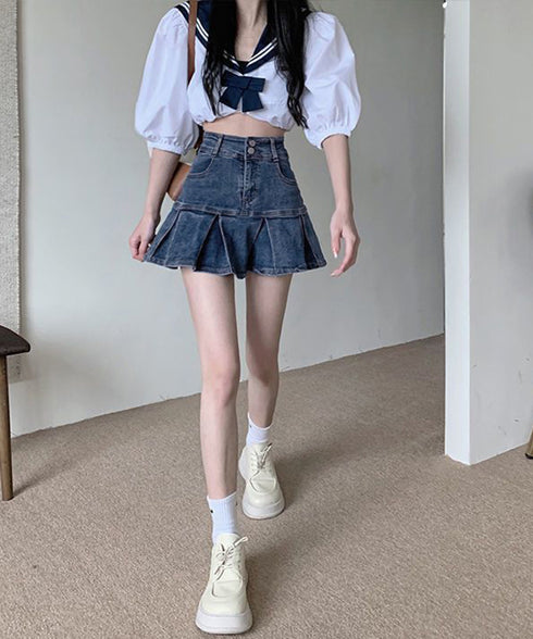 プリーツデニムスカート韓国風ミニスカート レディースハイウエストフレアスカート 美尻美脚Aラインスカートインナーパンツ付きショートスカートレトロ台形スカート着やせ 86LYSHANG-002
