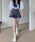 プリーツデニムスカート韓国風ミニスカート レディースハイウエストフレアスカート 美尻美脚Aラインスカートインナーパンツ付きショートスカートレトロ台形スカート着やせ 86LYSHANG-002