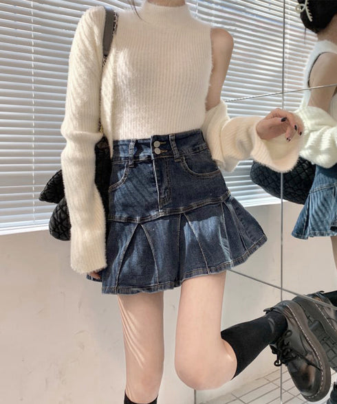プリーツデニムスカート韓国風ミニスカート レディースハイウエストフレアスカート 美尻美脚Aラインスカートインナーパンツ付きショートスカートレトロ台形スカート着やせ 86LYSHANG-002