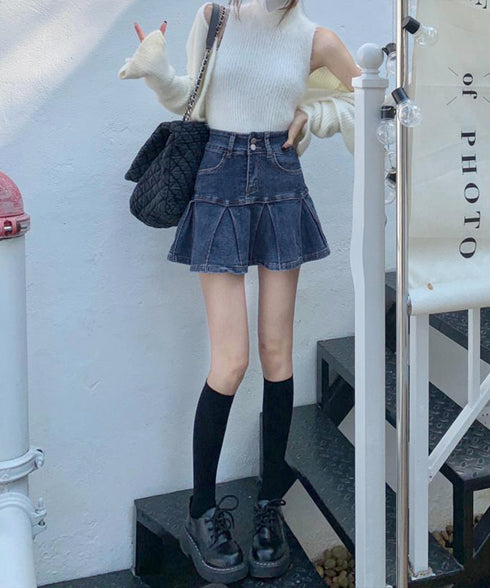 プリーツデニムスカート韓国風ミニスカート レディースハイウエストフレアスカート 美尻美脚Aラインスカートインナーパンツ付きショートスカートレトロ台形スカート着やせ 86LYSHANG-002