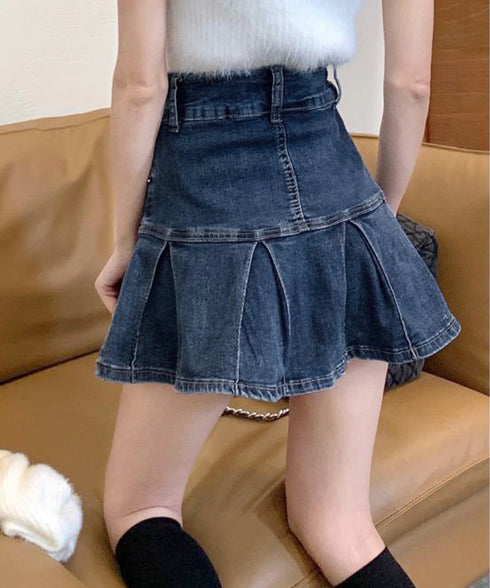 プリーツデニムスカート韓国風ミニスカート レディースハイウエストフレアスカート 美尻美脚Aラインスカートインナーパンツ付きショートスカートレトロ台形スカート着やせ 86LYSHANG-002