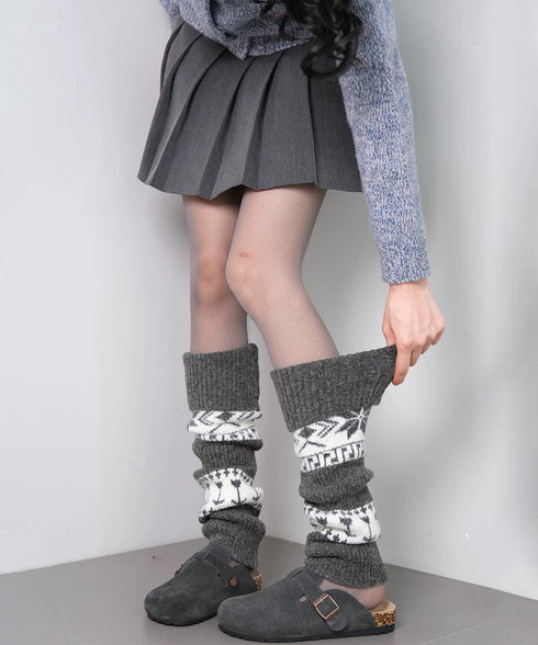 ノルディック柄レッグウォーマー暖かい靴下 大人可愛い足首ウォーマーロング 足温めるニット靴下フェアアイル柄 ふくろはぎぽかぽかハイソックス 足元あったかグッズ防寒 86LYXIAN-001