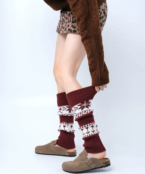ノルディック柄レッグウォーマー暖かい靴下 大人可愛い足首ウォーマーロング 足温めるニット靴下フェアアイル柄 ふくろはぎぽかぽかハイソックス 足元あったかグッズ防寒 86LYXIAN-001